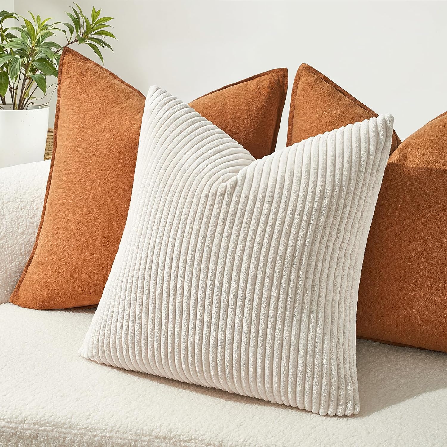 Topfinel 2er Set Kissenbezug 50x50 creme Kordsamt gestreiftes Muster Kissenbezüge Kissenhülle Dekokissen Sofakissen Couchki 2