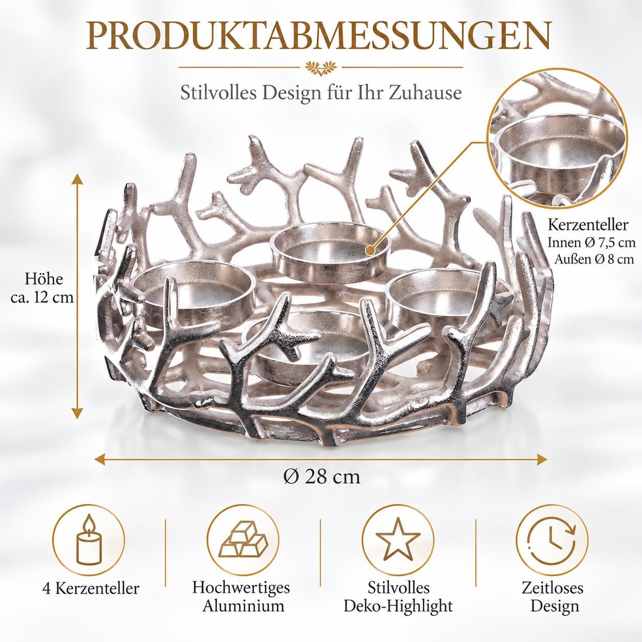 Brandsseller Adventskranz Ø28 cm Silber – Aluminium mit 4 Kerzentellern Ø 28 cm Silber 3