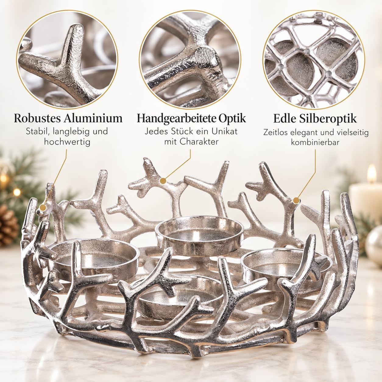 Brandsseller Adventskranz Ø28 cm Silber – Aluminium mit 4 Kerzentellern Ø 28 cm Silber 4
