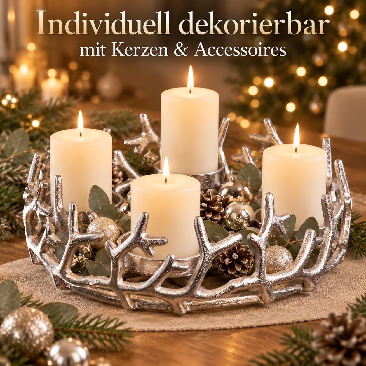 Brandsseller Adventskranz Ø28 cm Silber – Aluminium mit 4 Kerzentellern Ø 28 cm Silber 6