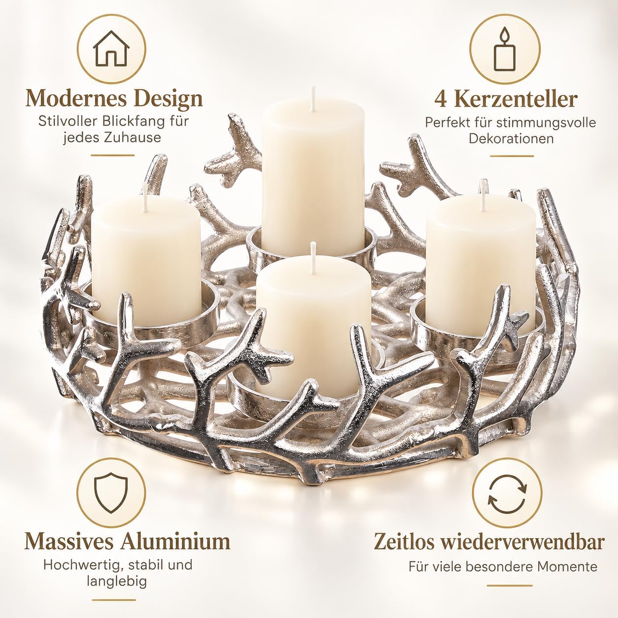 Brandsseller Adventskranz Ø28 cm Silber – Aluminium mit 4 Kerzentellern Ø 28 cm Silber 7