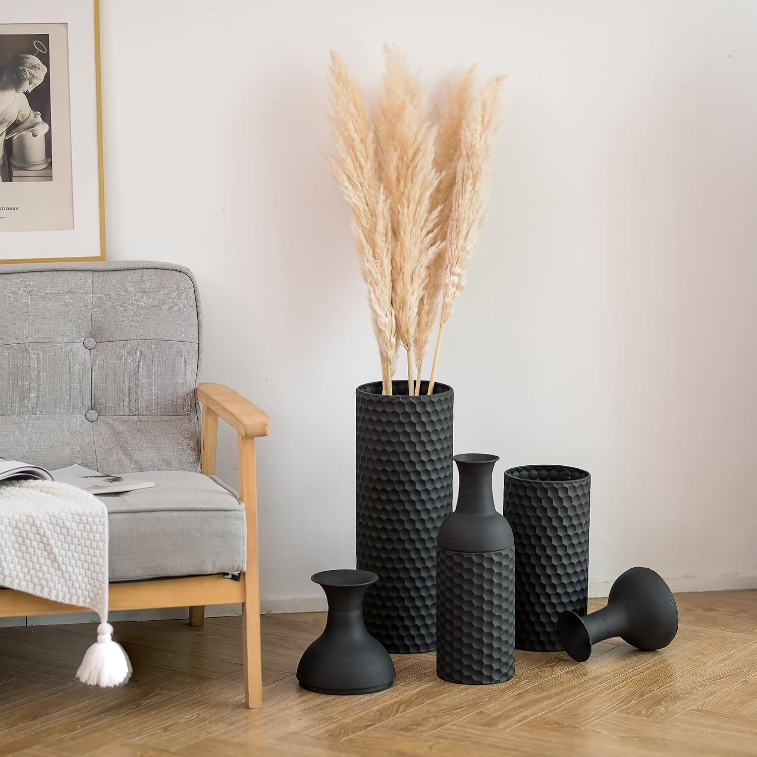 Sziqiqi Metall Schwarz Bodenvase Groß: Große Vasen Boden für Pampas 3er Schwarz 3pcs 3
