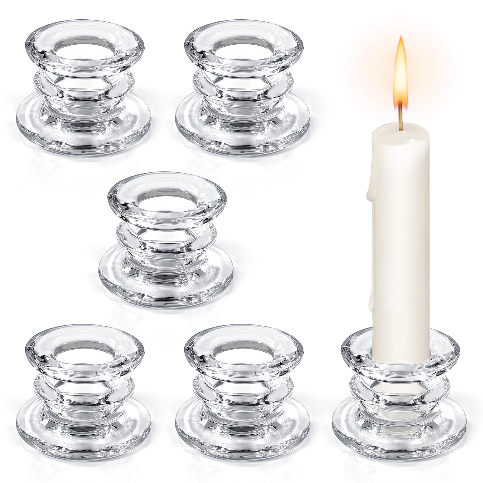 Sechs transparente Kerzenhalter aus Glas mit gestapeltem Ringdesign