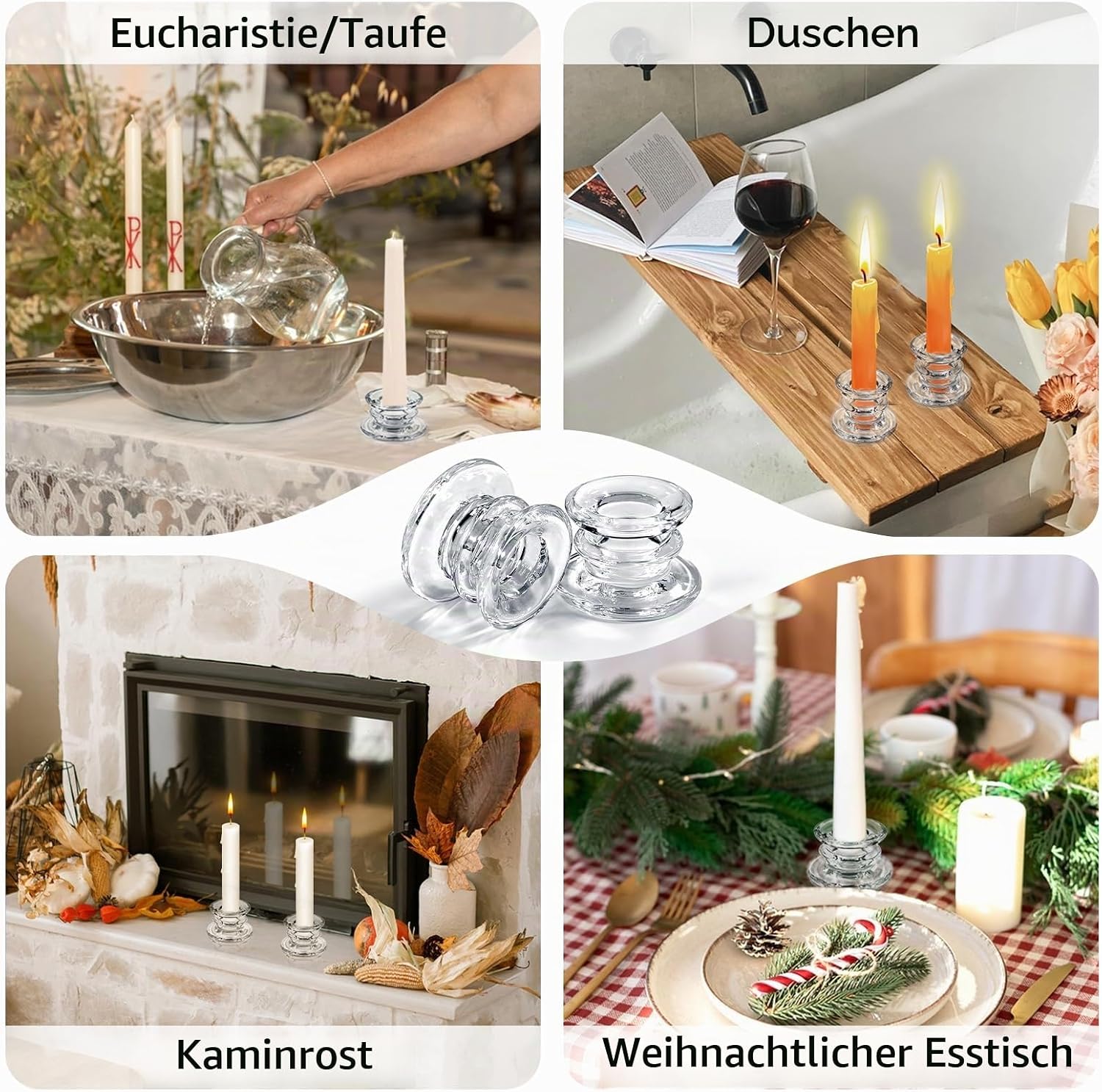 6 Stück Kerzenständer Glas,Kerzenhalter für Stabkerzen,Stabkerzenhalter Glas für Hochzeit Weihnachten Party (Transparent) 7