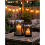 NUPTIO Windlicht Schwarz Wohnzimmer Deko: 2er Kerzenständer Laternen Glas 29cm + 21.5cm Schwarz 3