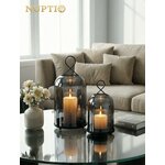 NUPTIO Windlicht Schwarz Wohnzimmer Deko: 2er Kerzenständer Laternen Glas 29cm + 21.5cm Schwarz 6