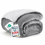 Graue Kuscheldecke aus Flanell mit weißer Sherpa-Rückseite, zusammengerollt, mit Etiketten