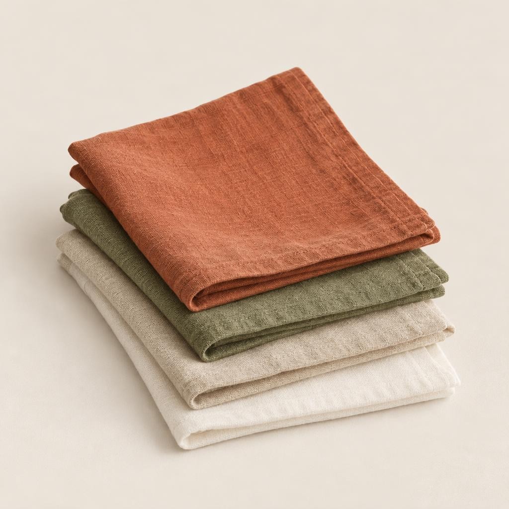 Quatre serviettes en lin lavé terracotta, olive, sable et écru