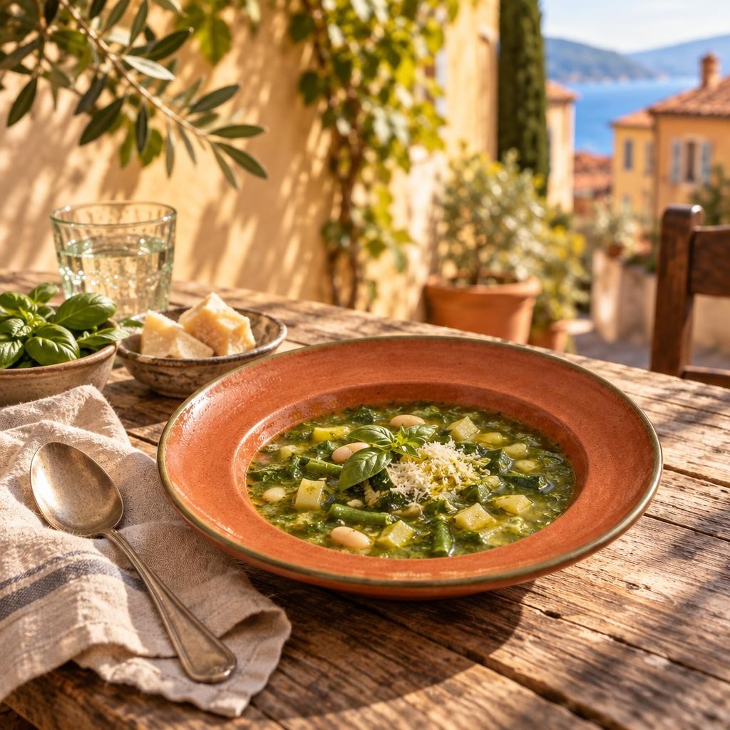 Assiette creuse Rauba Capeù avec une soupe au pistou, sur une table en terrasse