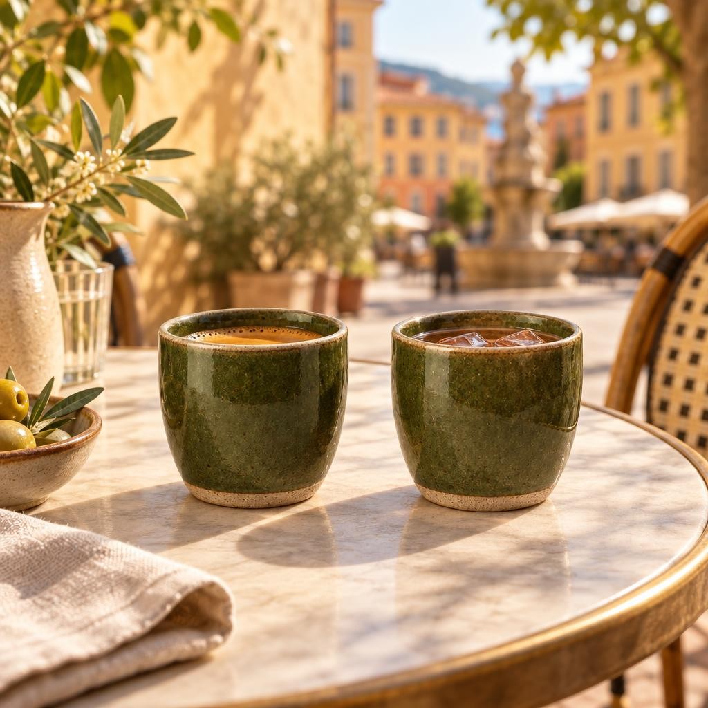 Tasses Garibaldi vert olive en terrasse, un espresso et un verre de rosé