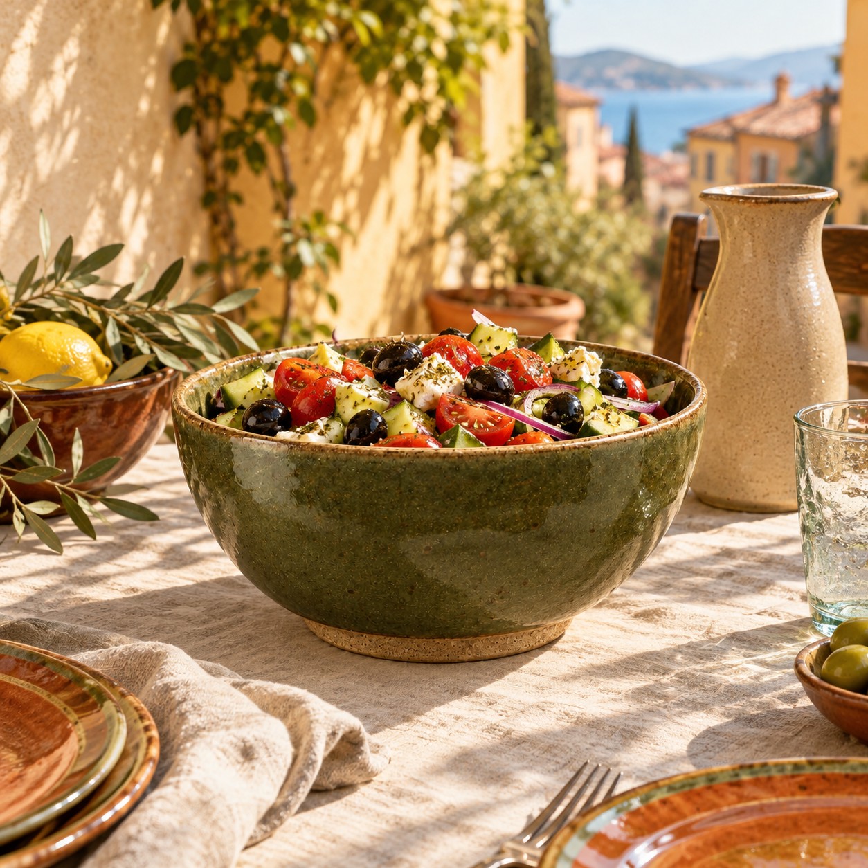 Saladier Cimiez garni dune salade de tomates et dolives, au centre de la table