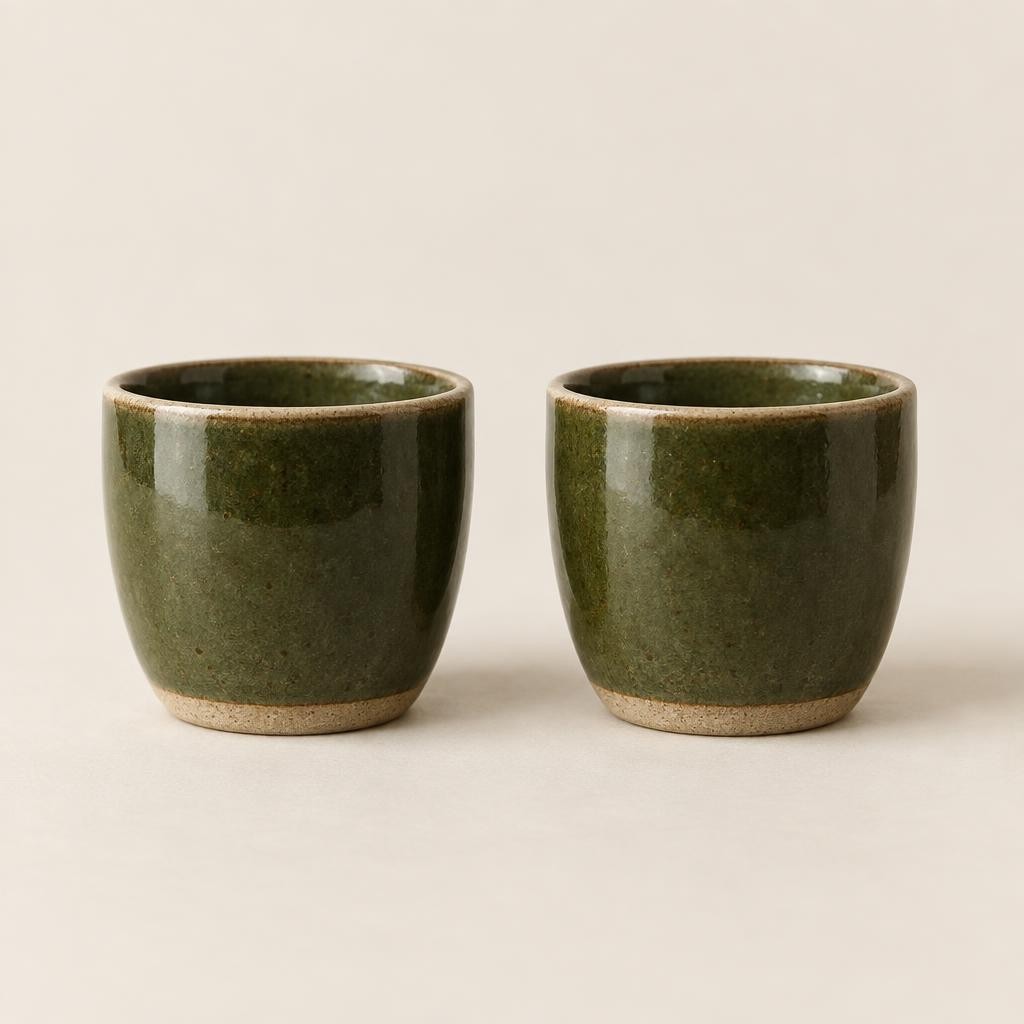Deux tasses sans anse en grès émaillé vert olive, faites main à Nice