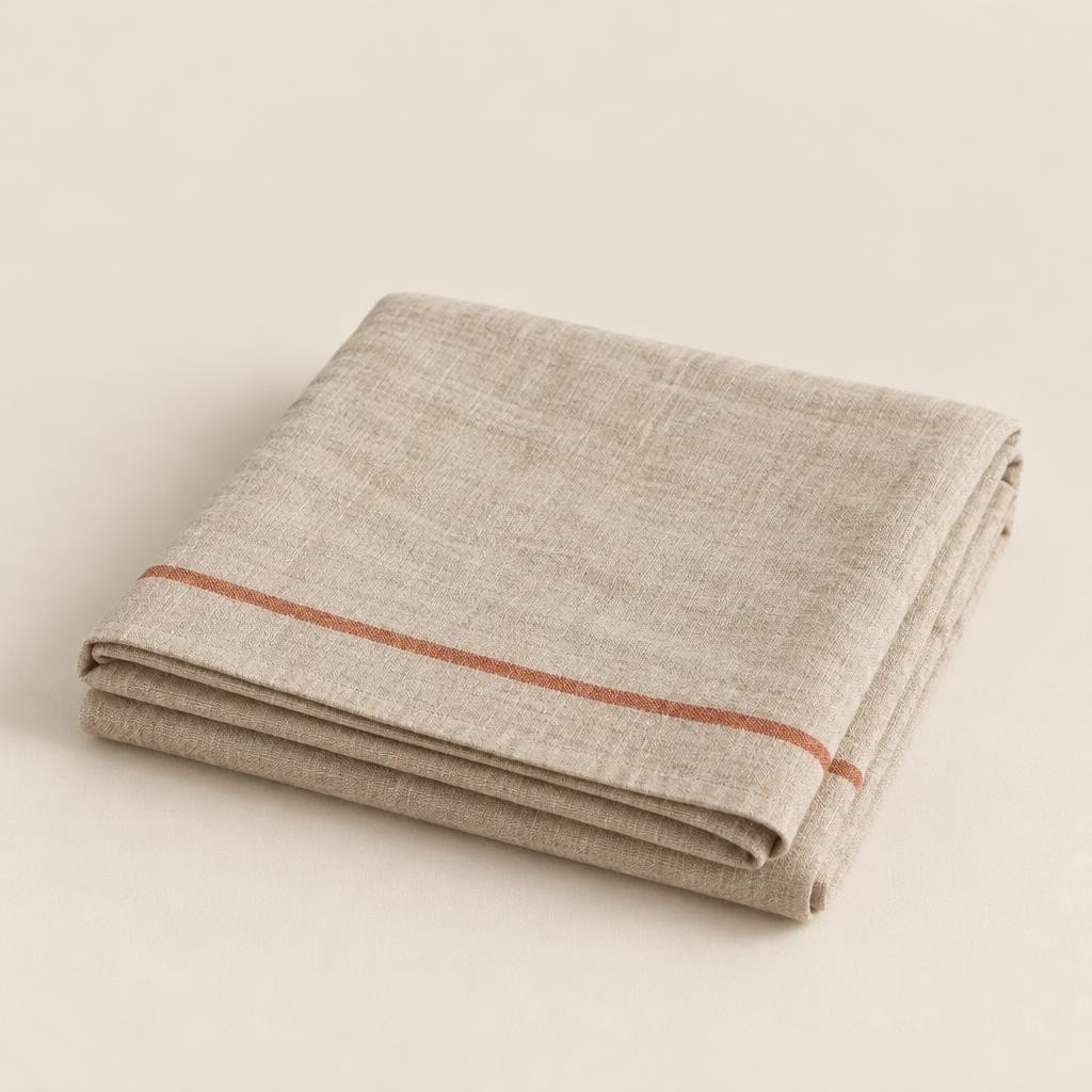 Nappe en lin lavé couleur sable, liseré terracotta, pliée