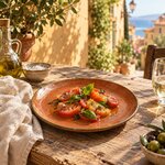 Assiette plate Rauba Capeù garnie de tomates, sur une table au soleil dans le Vieux-Nice