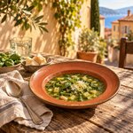 Assiette creuse Rauba Capeù avec une soupe au pistou, sur une table en terrasse