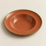 Assiette creuse en grès émaillé terracotta, liseré olive, faite main à Nice