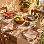 Serviettes en lin Saleya terracotta, olive, sable et écru sur une table dressée en terrasse