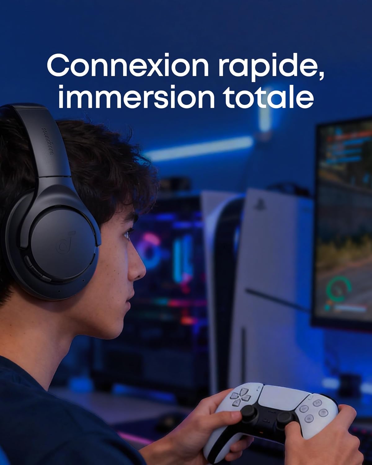 Casque Soundcore Q20i connecté à un ordinateur et à un téléphone