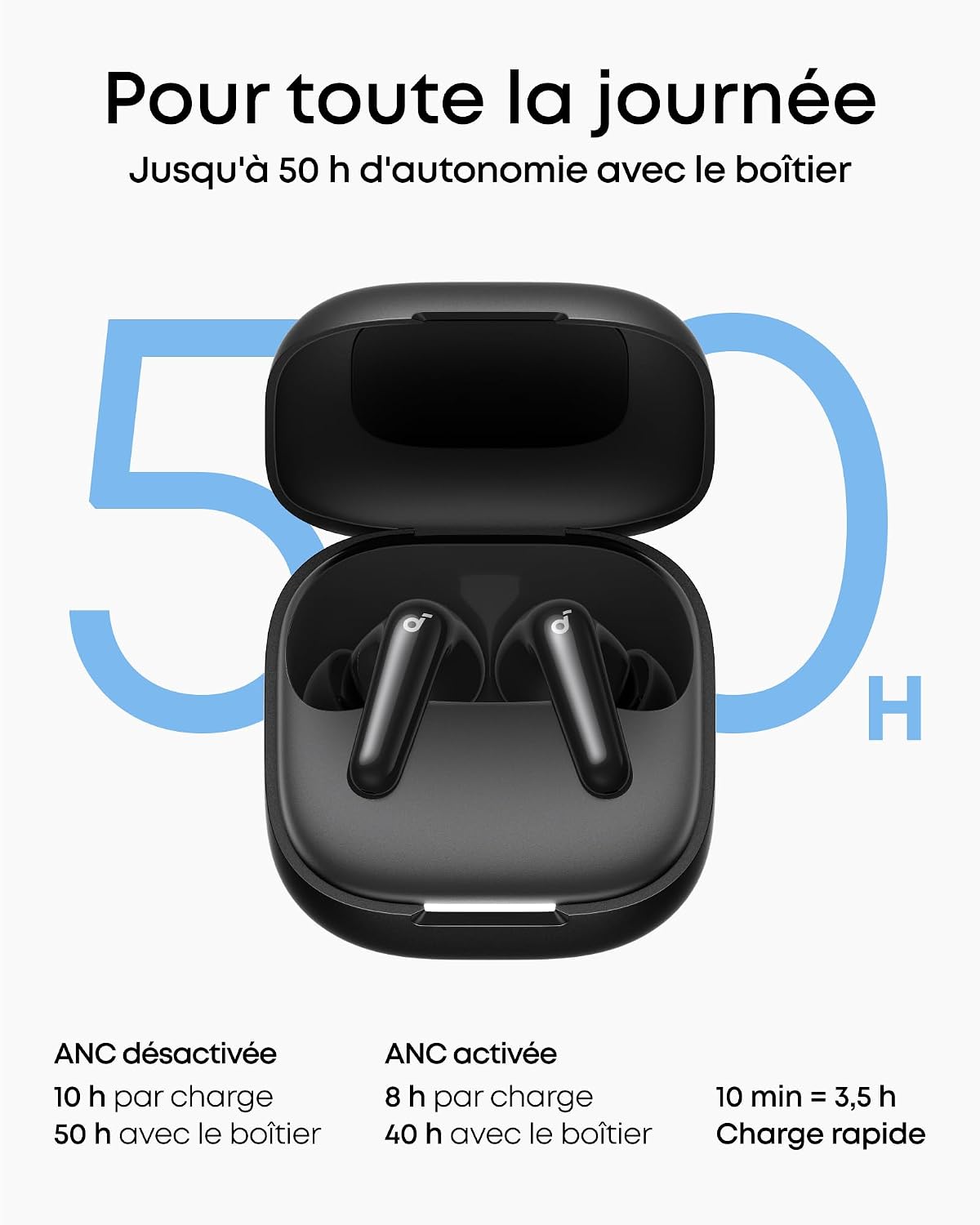 Boîtier de charge des écouteurs, jusquà 50 h dautonomie