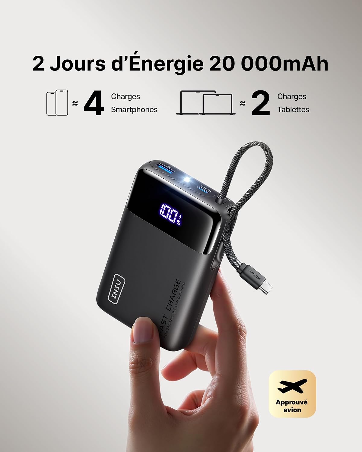 Batterie 20 000 mAh pour environ deux jours dénergie