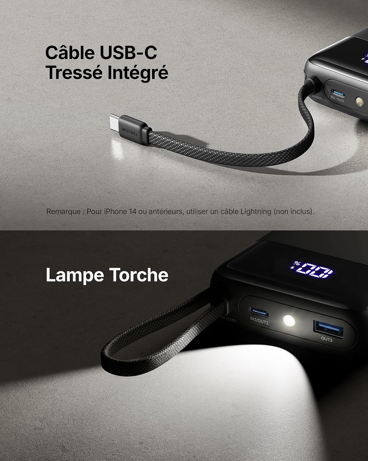 Câble USB-C intégré et lampe torche de la batterie