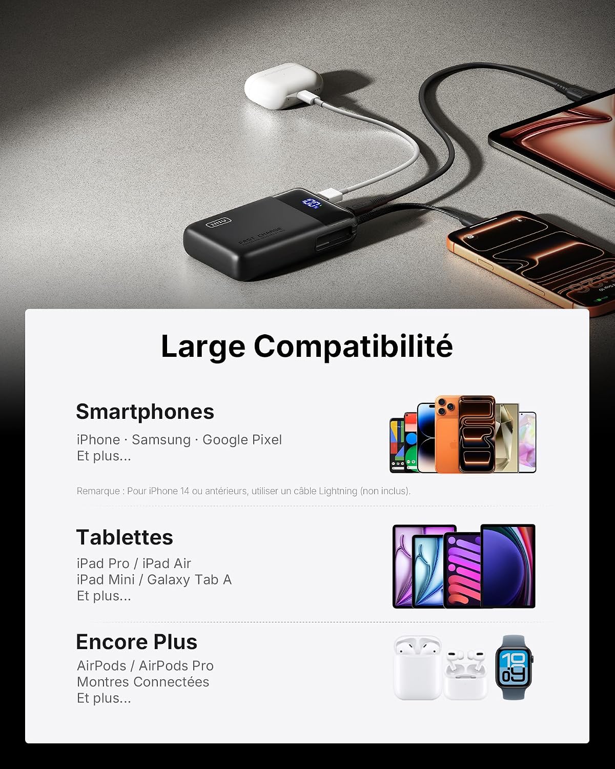 Batterie compatible téléphones, tablettes et écouteurs