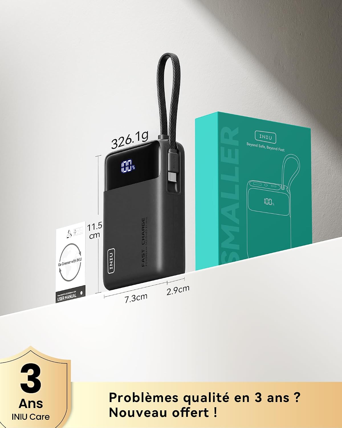 Batterie externe à côté de sa boîte, garantie 3 ans