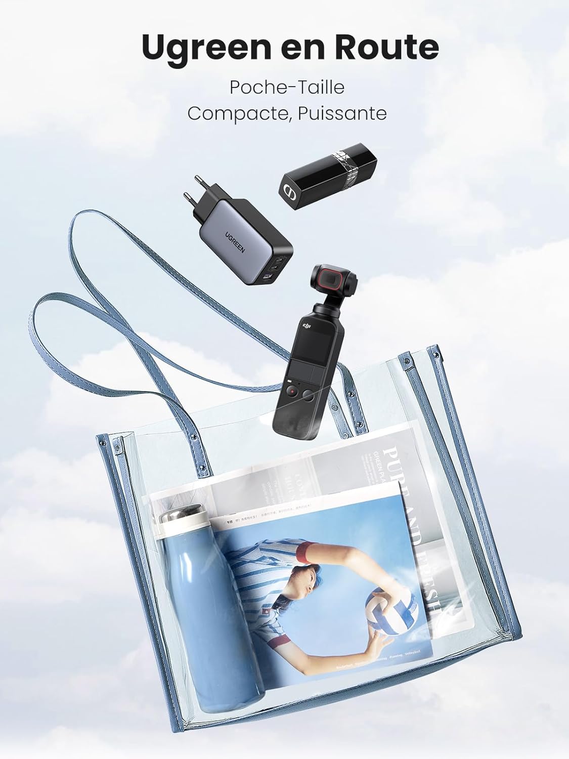 Chargeur 65 W glissé dans un sac de voyage avec ses câbles