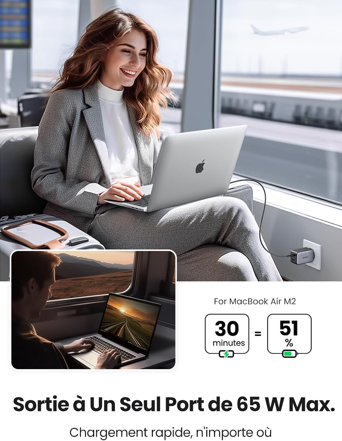 Voyageuse chargeant son ordinateur au bureau avec le chargeur 65 W