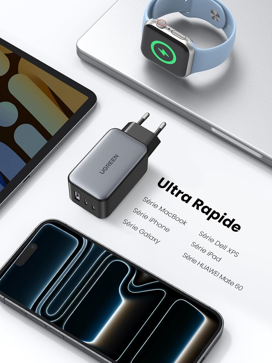 Chargeur branché qui recharge un téléphone et une montre