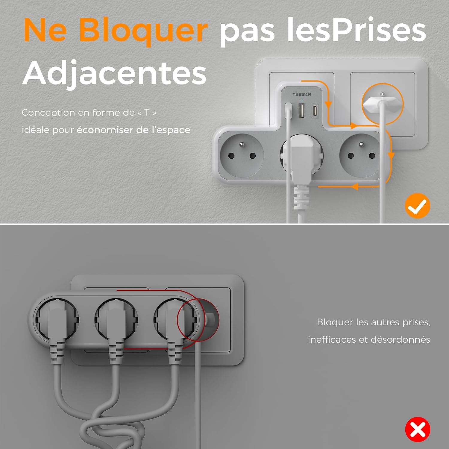 Prises espacées pour brancher des adaptateurs côte à côte