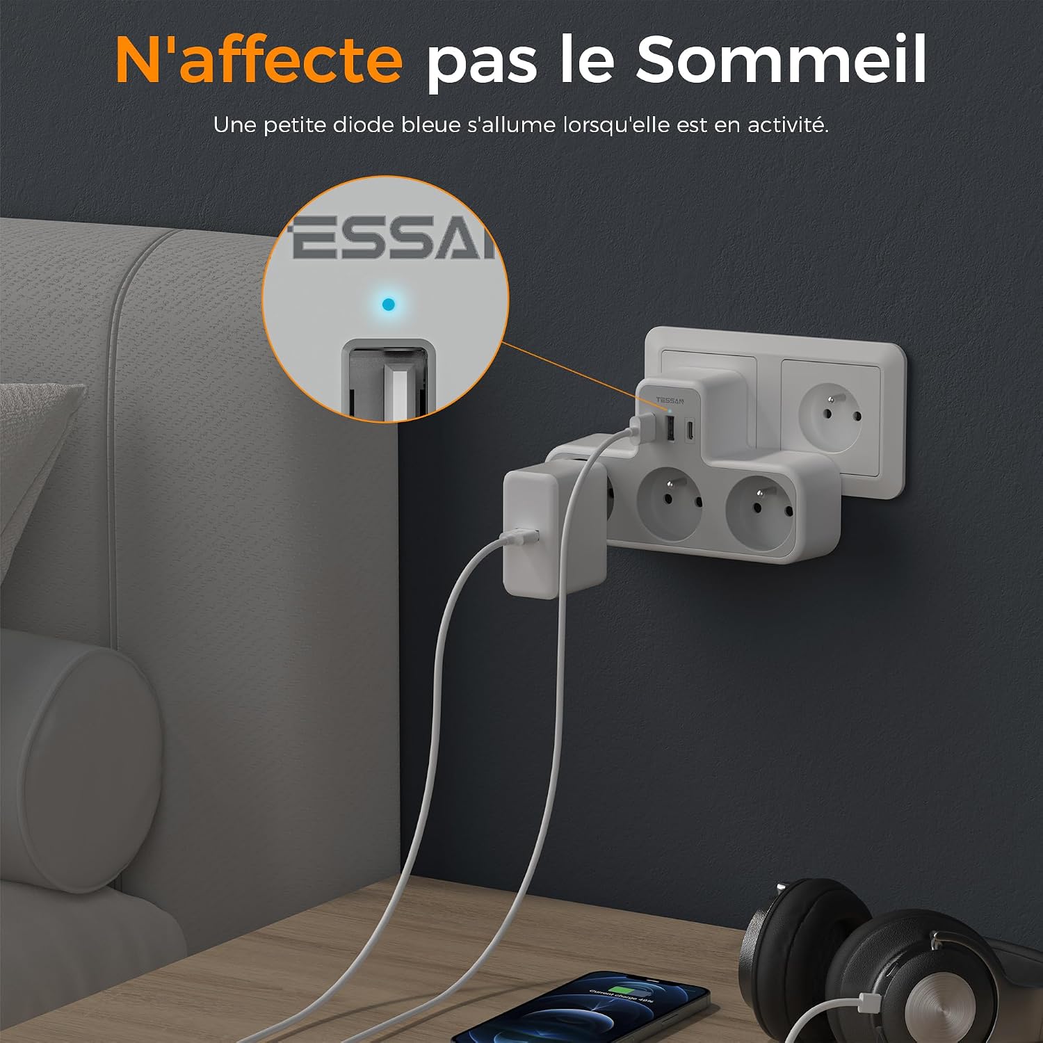 Multiprise sans voyant gênant pour dormir dans la chambre