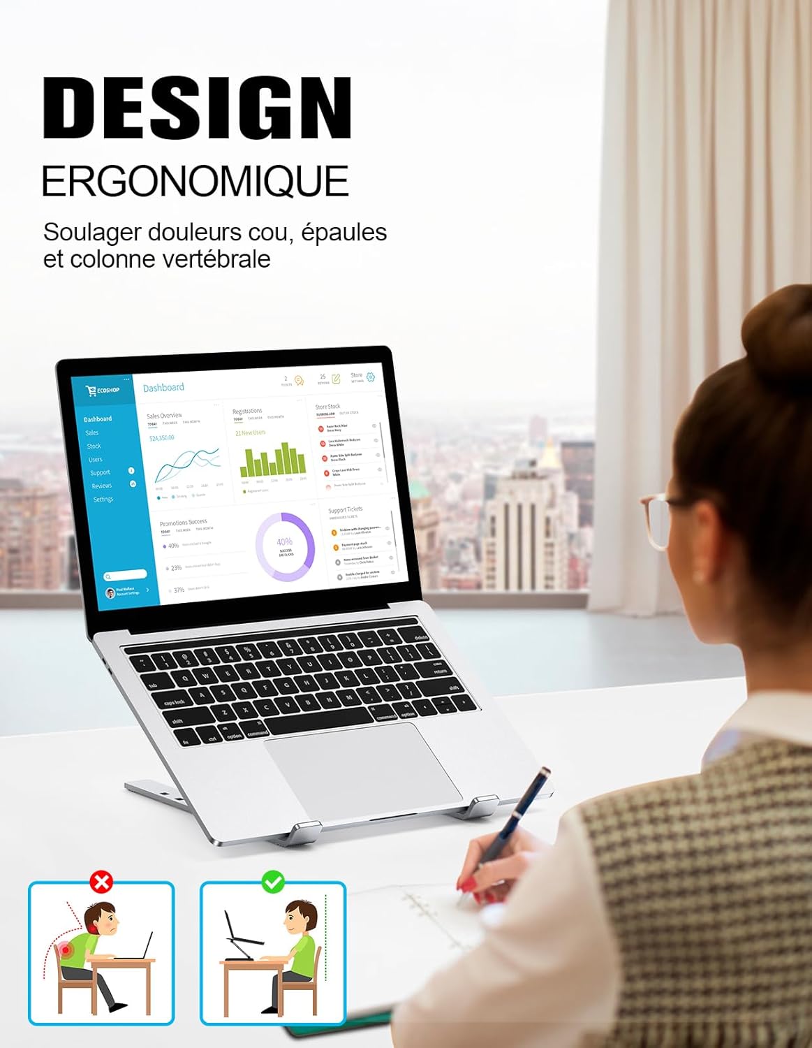 Support qui place lécran à hauteur des yeux pour une posture plus droite