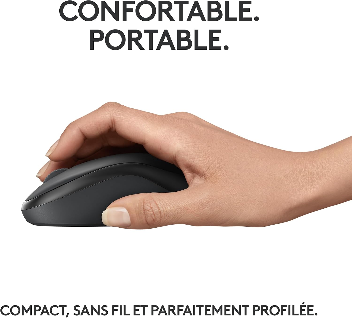 Main posée sur la souris compacte, confortable à transporter