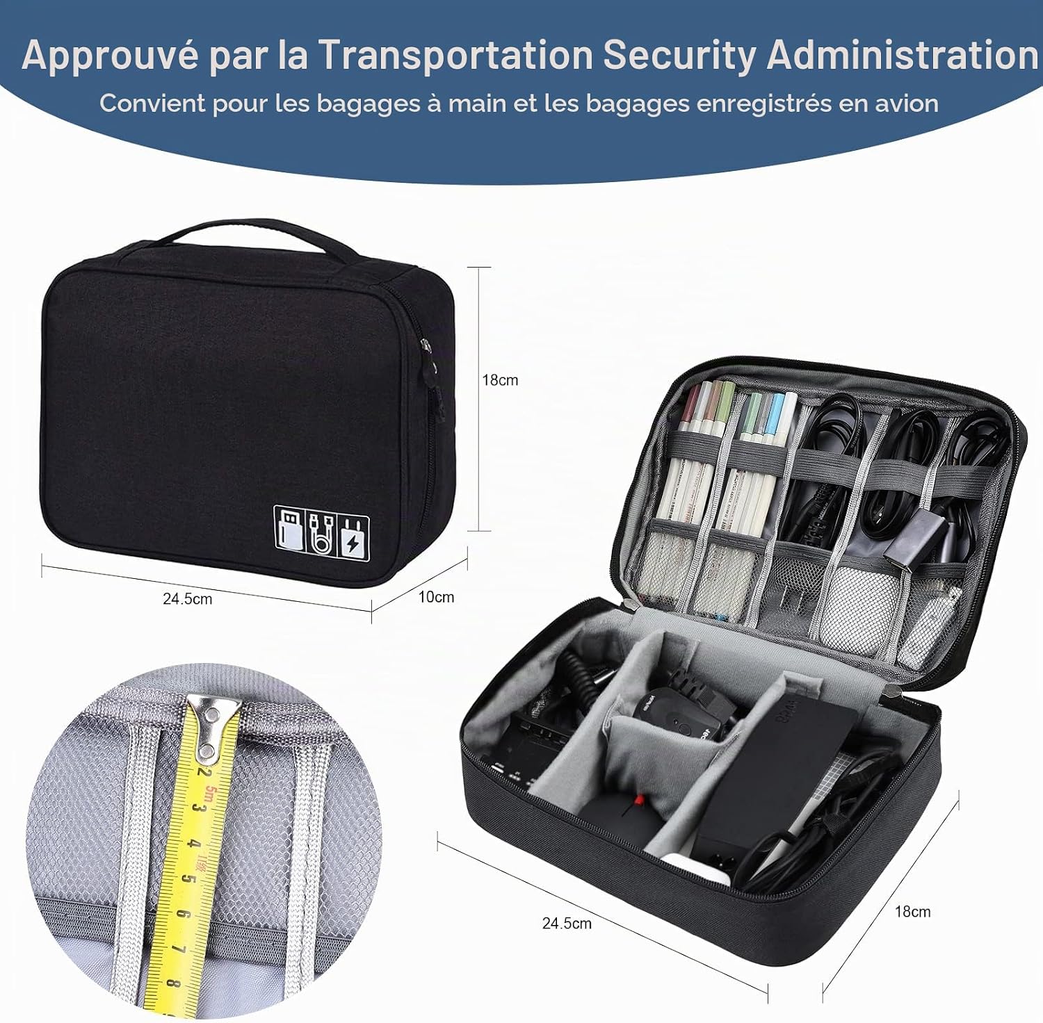 Trousse ouverte avec ses compartiments, et ses dimensions