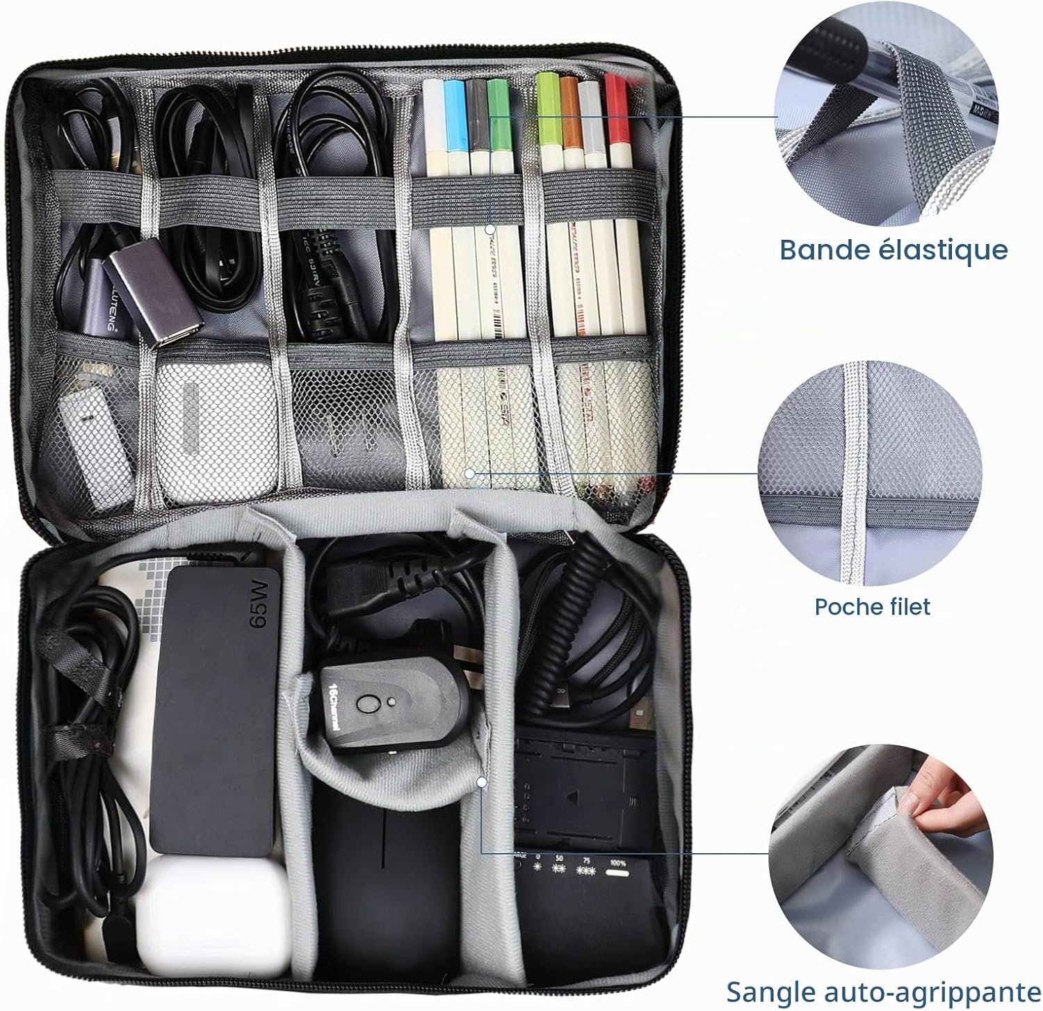 Rangement intérieur de la trousse : élastiques, pochettes et séparateurs