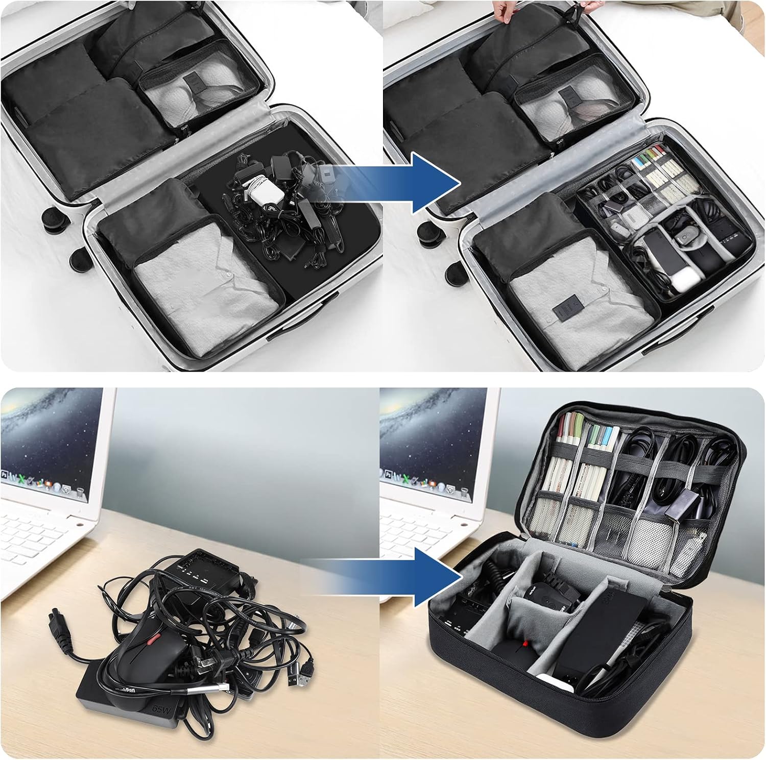 Câbles, chargeur et batterie rangés dans la trousse