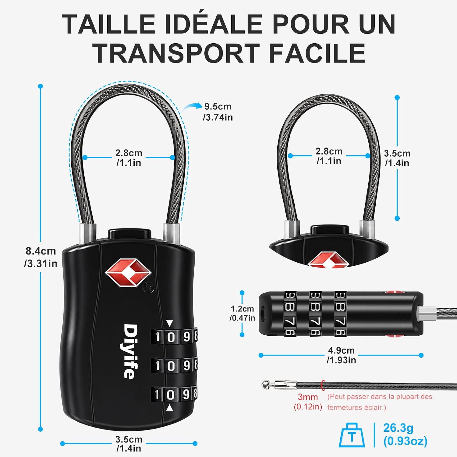 Dimensions du cadenas, compact pour le transport