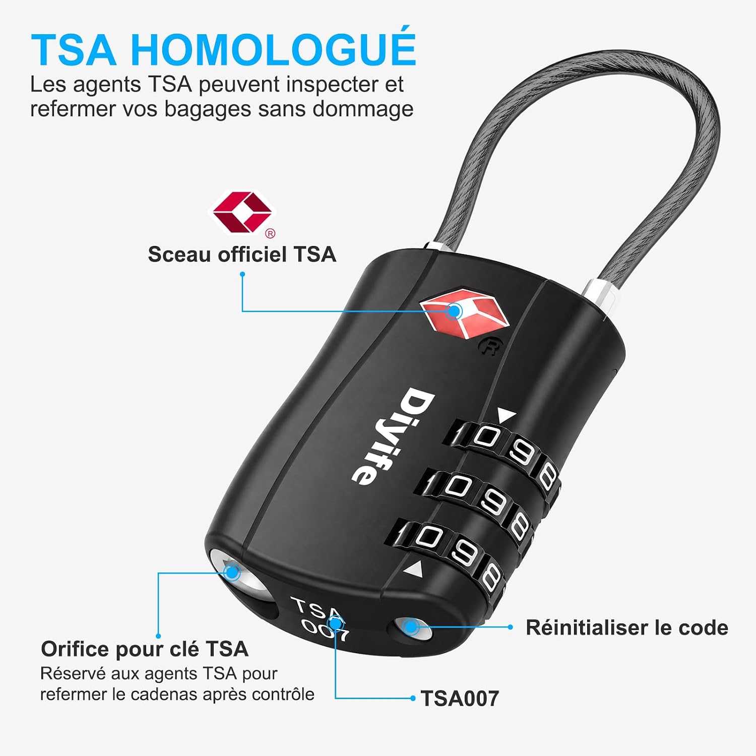 Cadenas homologué TSA, ouvrable par les douanes sans le casser