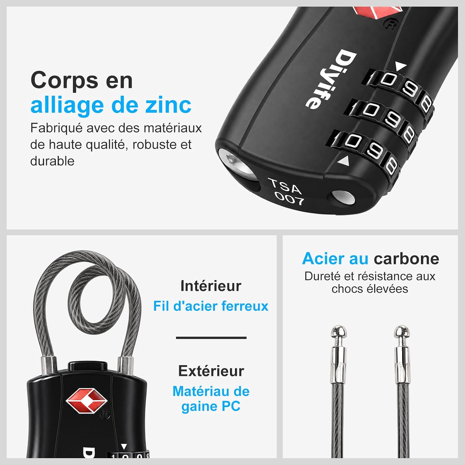 Corps en alliage de zinc et câble en acier gainé