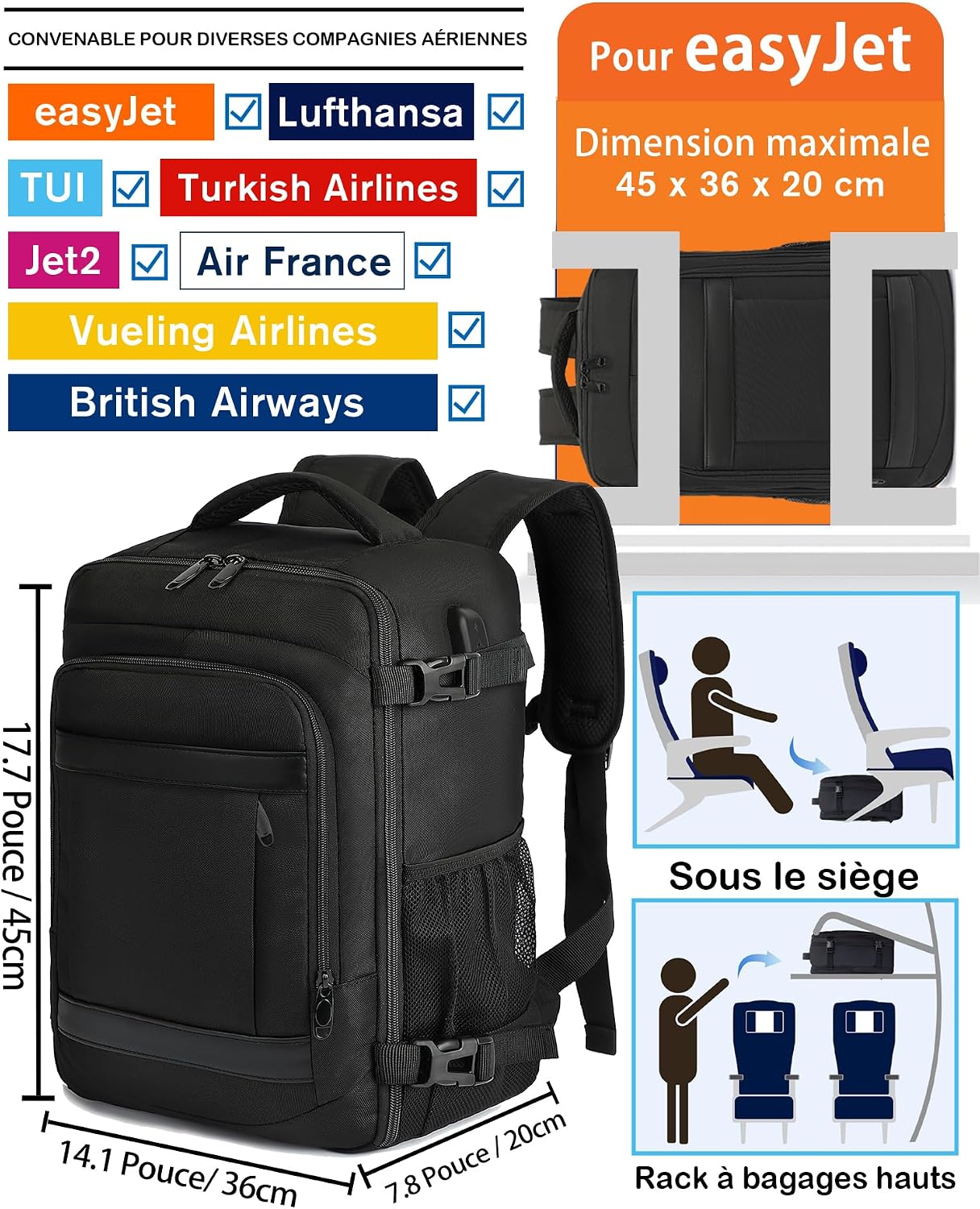 Sac à dos aux dimensions cabine acceptées par les compagnies
