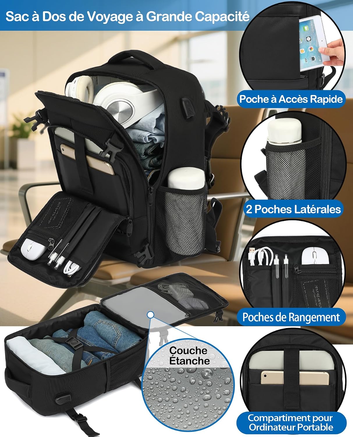 Rangements intérieurs du sac pour vêtements et accessoires
