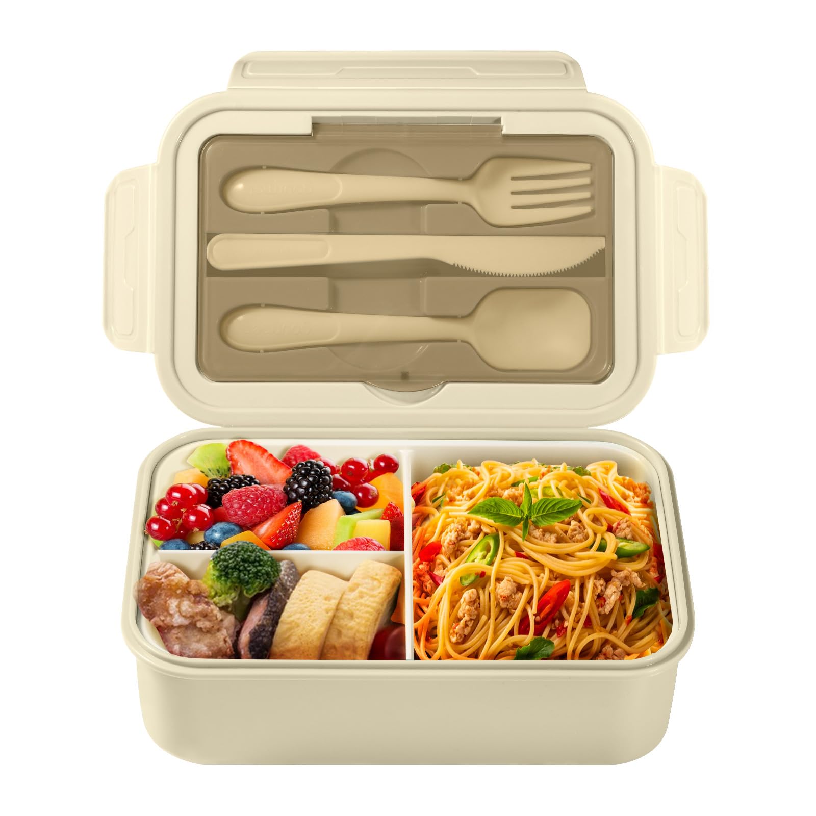 Boîte repas beige 1400 ml à 3 compartiments avec couverts, remplie