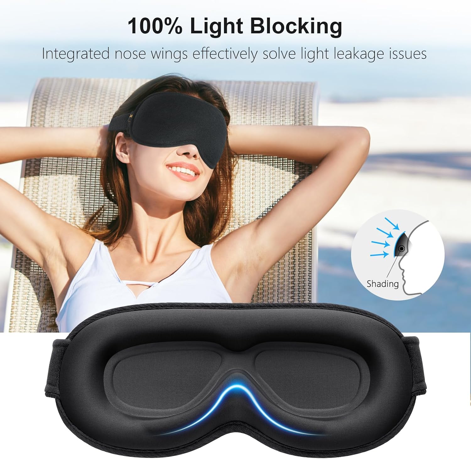 Voyageuse portant le masque 3D qui bloque toute la lumière