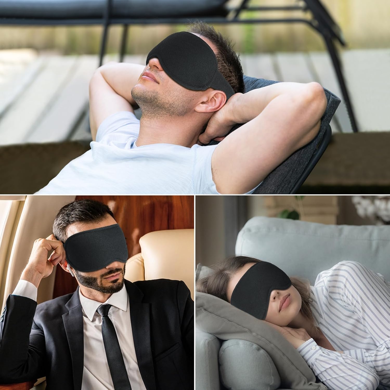 Voyageurs endormis en avion et en train avec le masque 3D