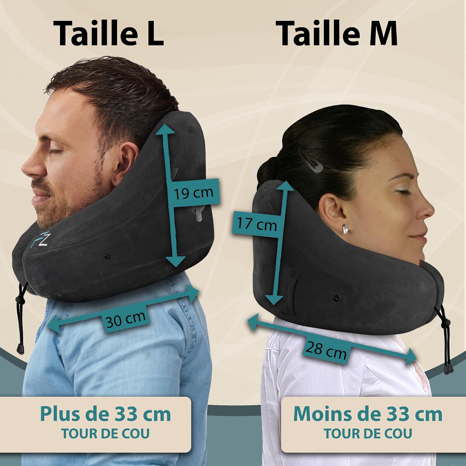 Oreiller en H en taille L et en taille M selon le tour de cou