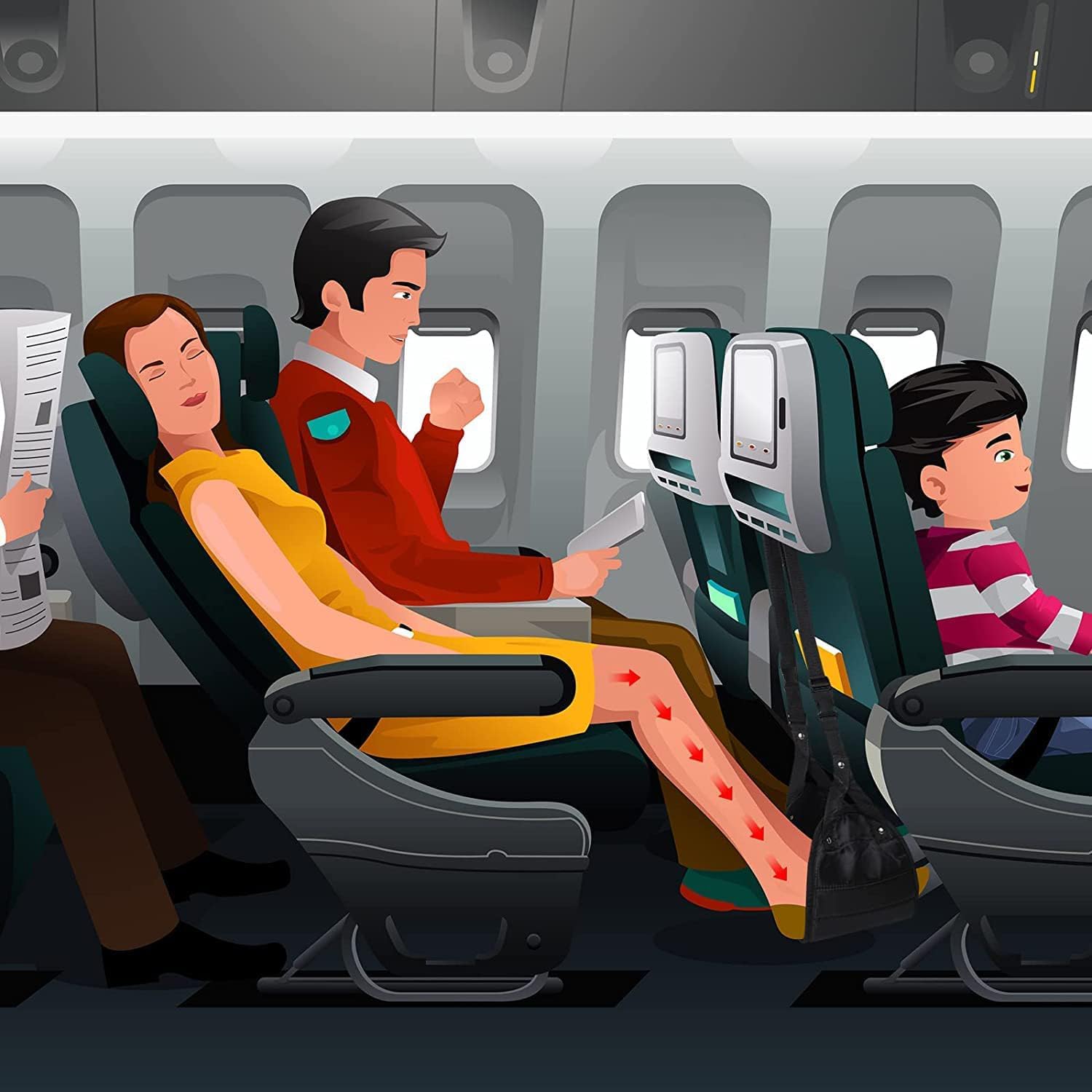 Voyageurs en avion utilisant le repose-pieds suspendu à la tablette