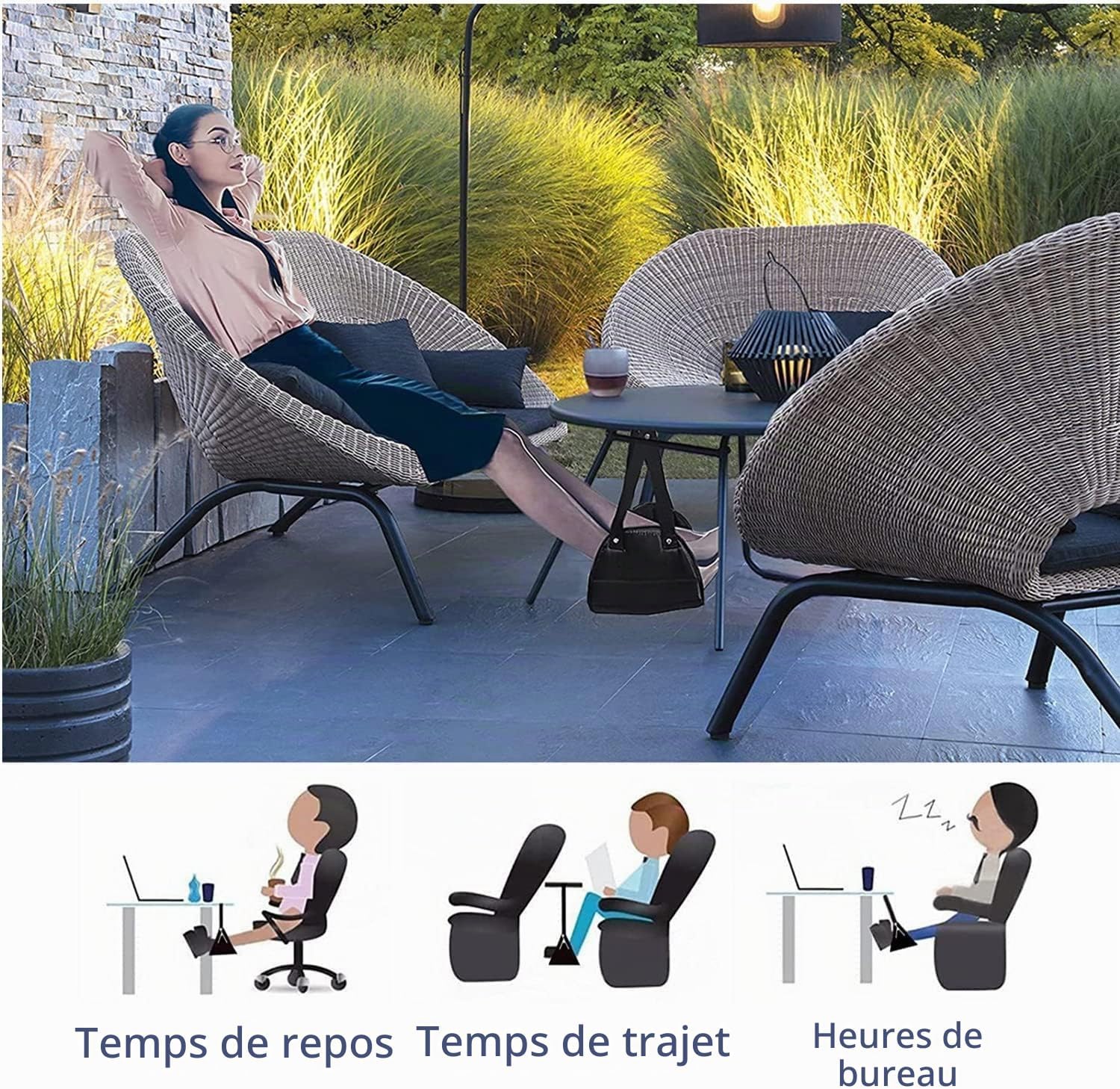 Repose-pieds utilisé en terrasse, au bureau et au repos