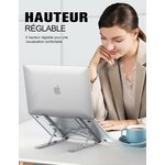 Femme travaillant sur un ordinateur surélevé par le support réglable