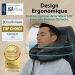 Voyageur endormi dans le train, la tête maintenue droite par loreiller en H
